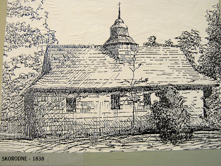Muzeum Przyrodnicze BdPN w Ustrzykach Dolnych - rycina nieistniejącej już cerkwi ze Skorodnego