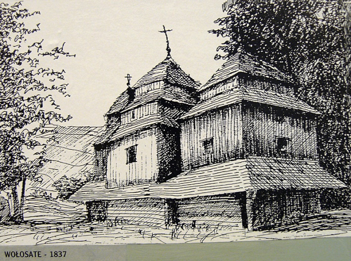 Muzeum Przyrodnicze BdPN w Ustrzykach Dolnych - rycina nieistniejącej już cerkwi z Wołosatego